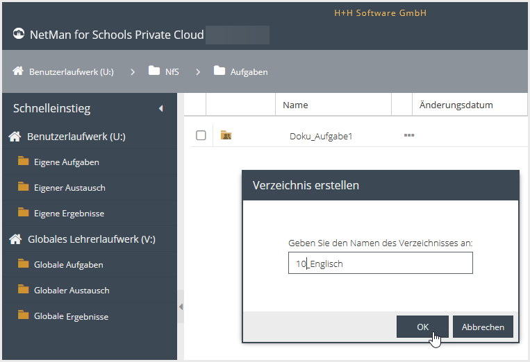 Im Dialog "Verzeichnis erstellen" vergibst Du den Namen des Verzeichnisse und bestätigst mit "OK" Deine Eingabe.