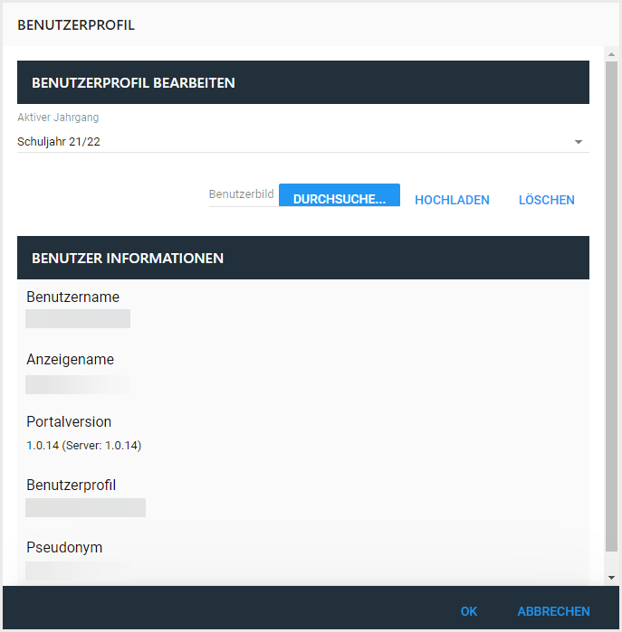 Übersicht Benutzerprofil mit den Berabeitungsmöglichkeiten den aktiven Jahrgang zu wählen und ein Benutzerbild hochzuladen. Die Benutzerinformationen "Benutzername", "Anzeigename", "Portalversion", "Benutzerprofil", "Pseudonym" werden angezeigt. 