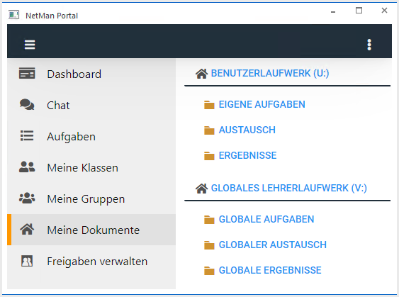 Meine Dokumente: Überblick über die Verzeichnisstruktur mit den Ordnern Aufgaben, Austausch, Dokumente, Ergebnisse.