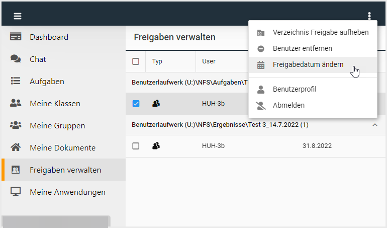 Möglichkeiten, Deine Freigabe zu ändern: Freigabe aufheben, Benutzer entfernen, Freigabedatum ändern