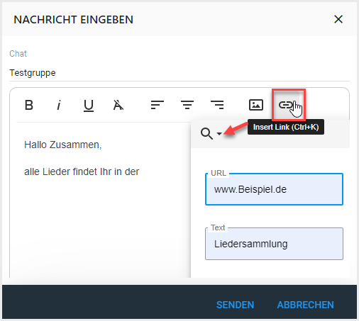 Mit "Insert Link (Ctrl+K)" fügst Du einen Link ein.