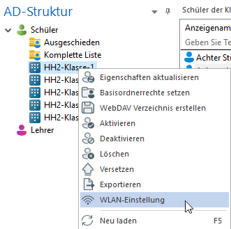 WLAN-Einstellung im Kontextmenü gewählt