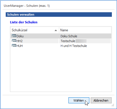 Liste der Schulen in NetMan for Schools